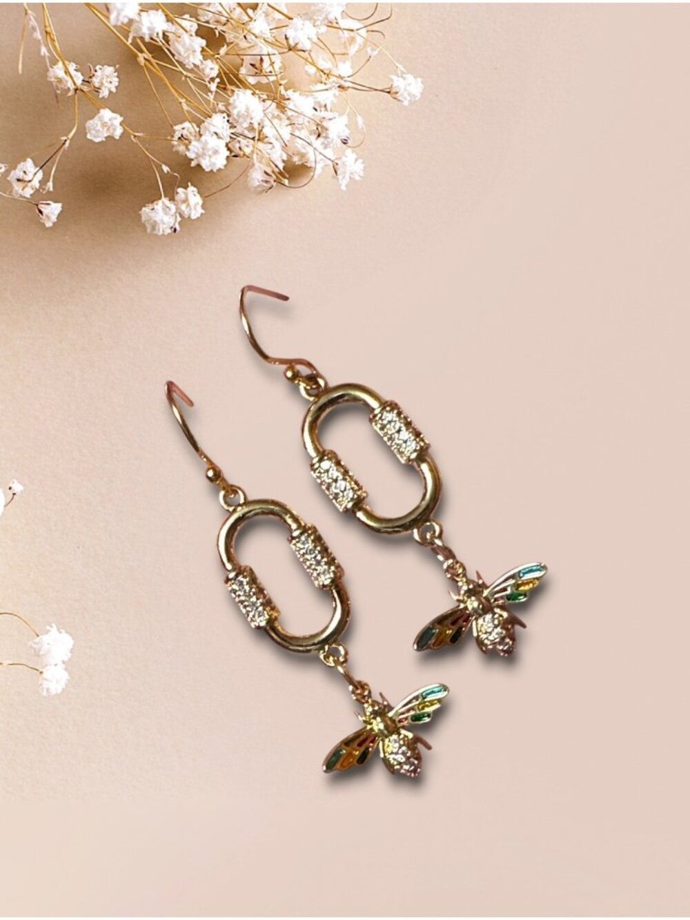 Gold Filled Bee Earrings Paperclip CZ Enamel Dangle Handmade 18KT - Picture 11 of 13